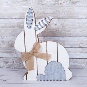 Wood Easter Bunny Metal Accents Burlap Bow
